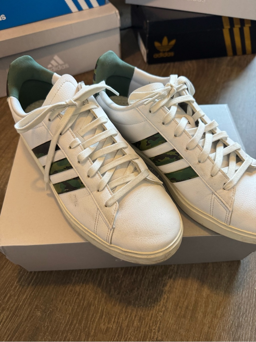 adidas White Sneakers with Green Camo Three-Stripes